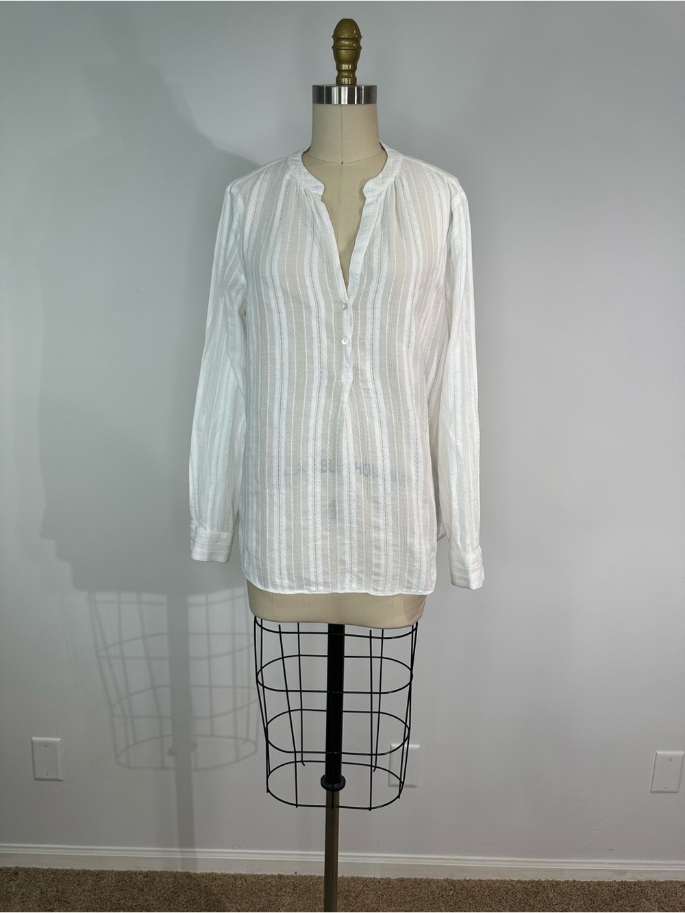 Vince White Sheer Stripe Henley Blouse